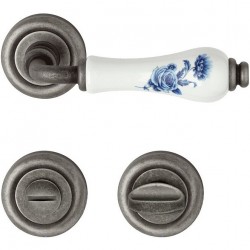 AHB Drückergarnitur Krafeld Messing Eisen Antik / Porzellan weiß mit blauer Blume Bad / WC